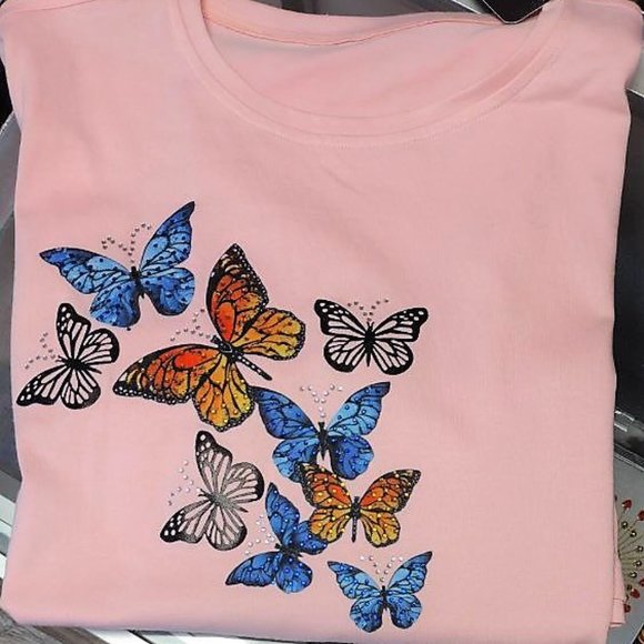 Butterflies, HANDMADE, Ladies Tee, Bling T-Shirt, Perfect Gift. - Picture 3 of 5